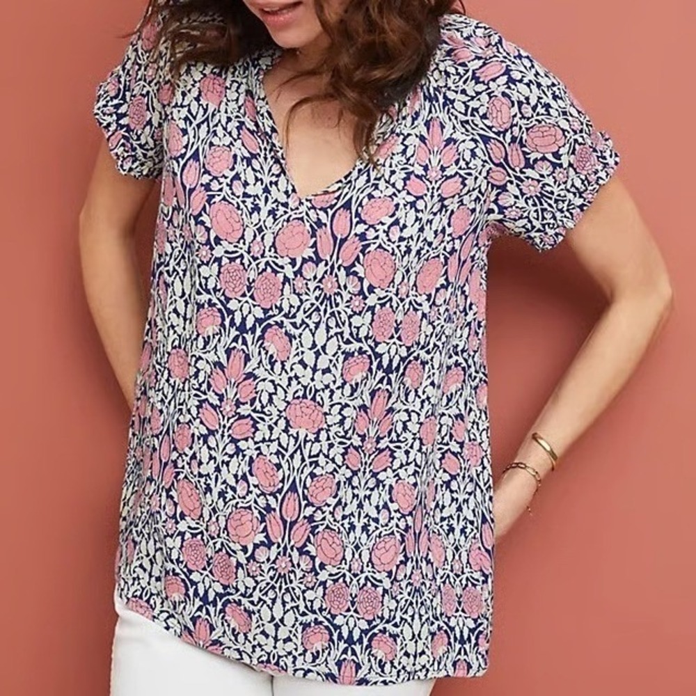 Banjanan Anthropologie Blue Pink Lara Boho Floral Ruffle Top Split Neck Small